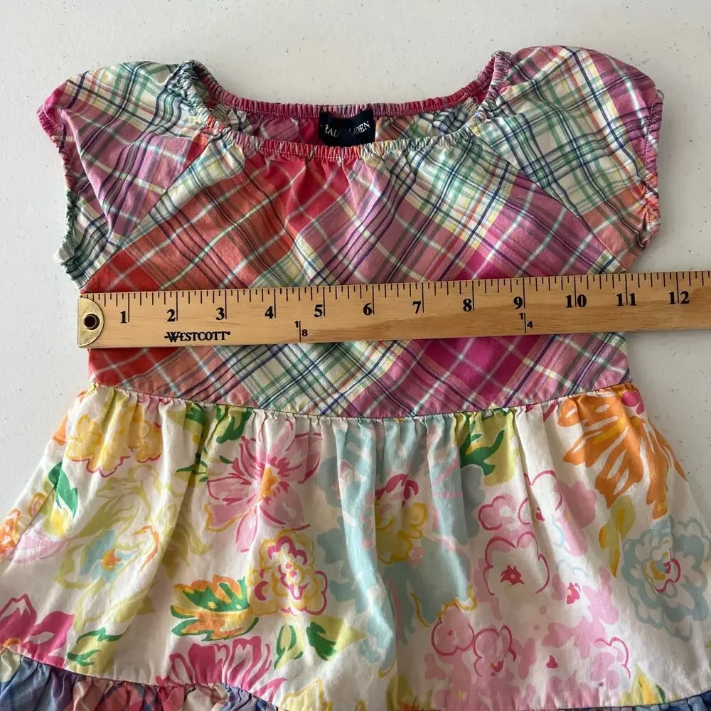 Ralph Lauren Baby Girls Dress 24M Plaid Floral Ruffle Short Sleeve Cotton